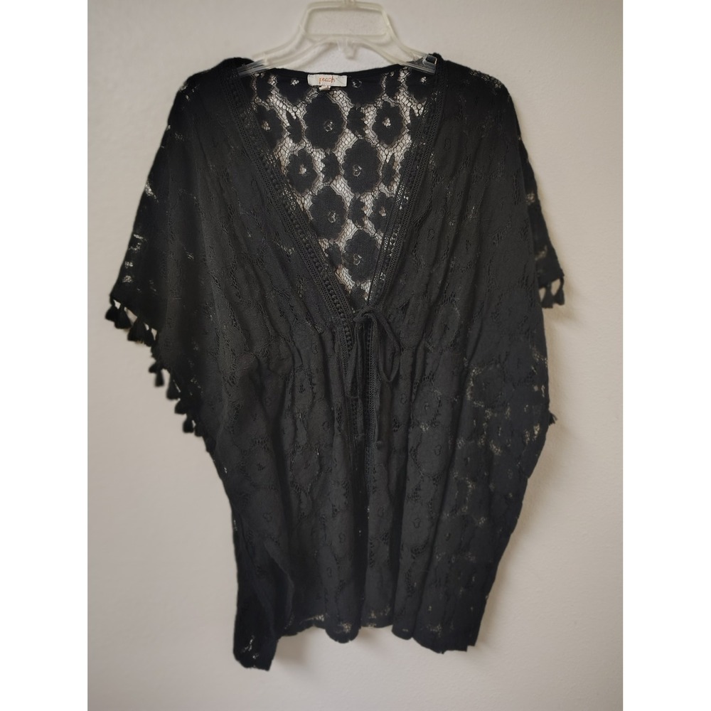Peach Black Floral Lace Swim Cover Up Kimono Tassel Trim Drawstring Kaftan Small